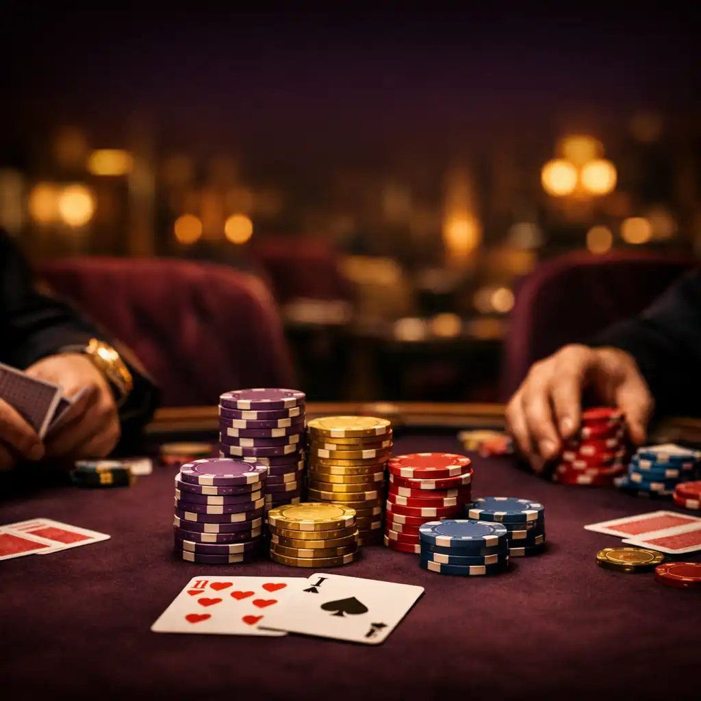 Close-up of a poker table in a luxurious card room with players' hands and stacks of colorful chips, blurred background showing plush velvet chairs and warm lighting