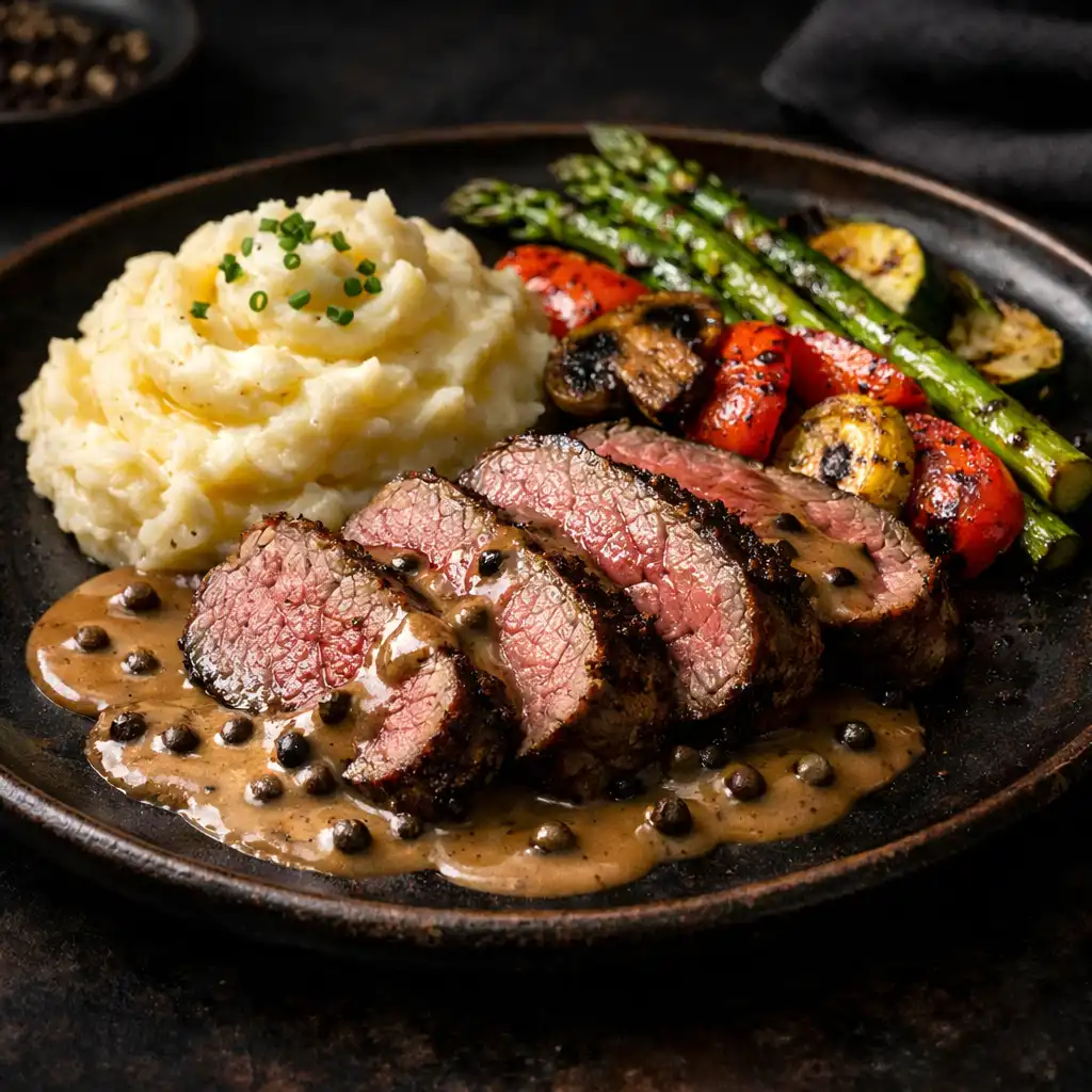 Sliced beef tenderloin with peppercorn sauce, grilled vegetables, and mashed potatoes