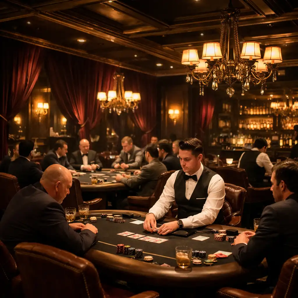 Interior of the private card room with players seated at multiple poker tables and dealers in formal attire