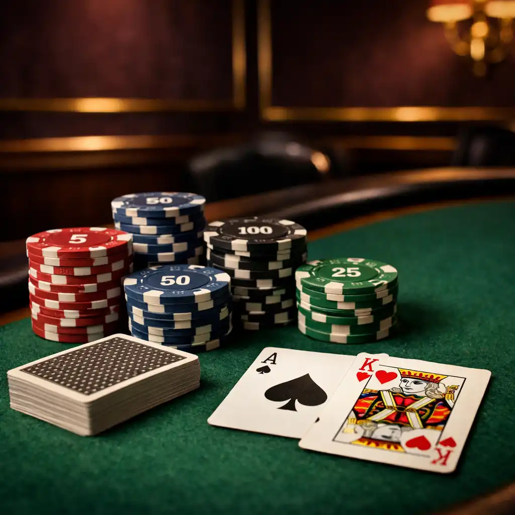 Professional poker table with tournament chips and cards in the private card room