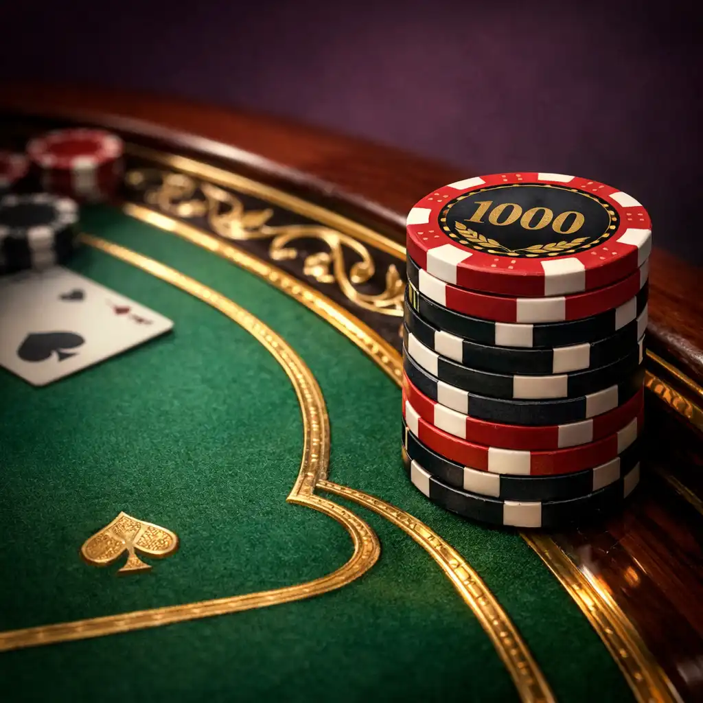 Close-up of a handcrafted poker table with premium felt, gold inlays, and tournament chips