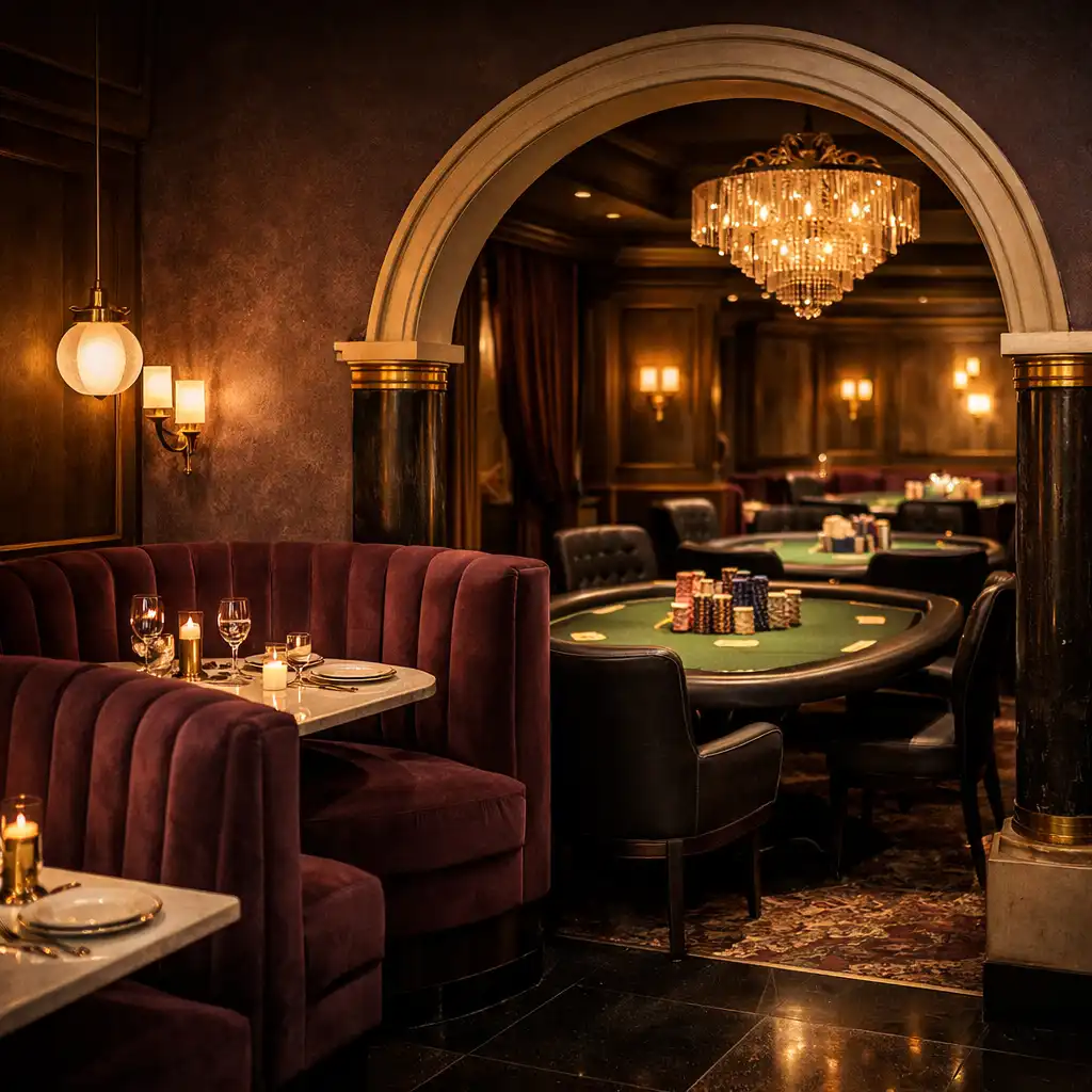 Upscale Melbourne dining venue with plush velvet booths and a view into a private card room