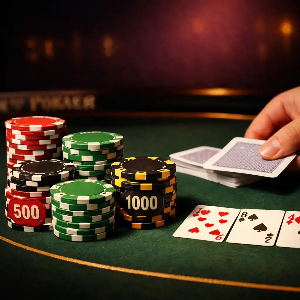 Texas Hold'em poker table with stacked tournament chips and cards being dealt