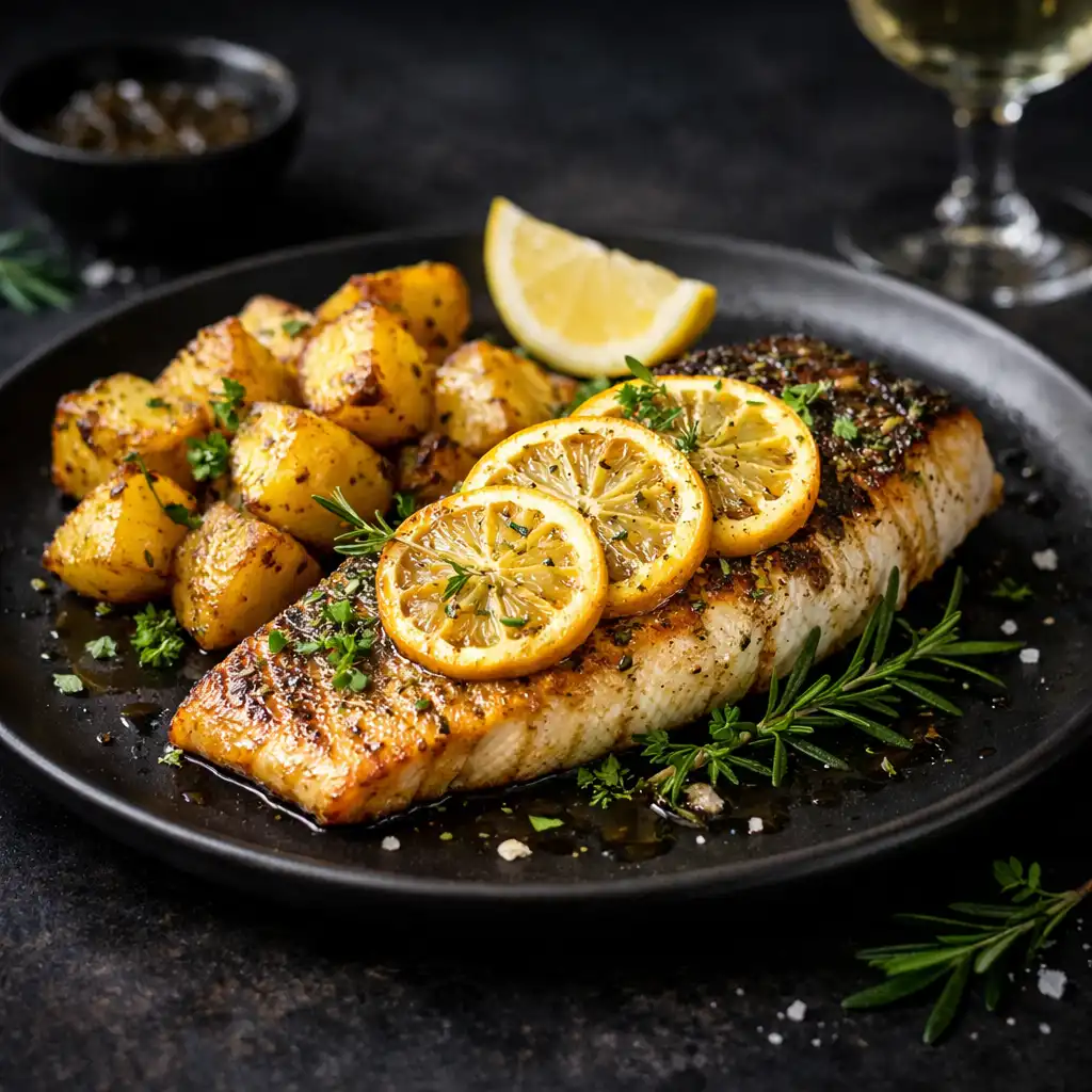 Grilled barramundi fillet with lemon slices, herbs, and roasted potatoes