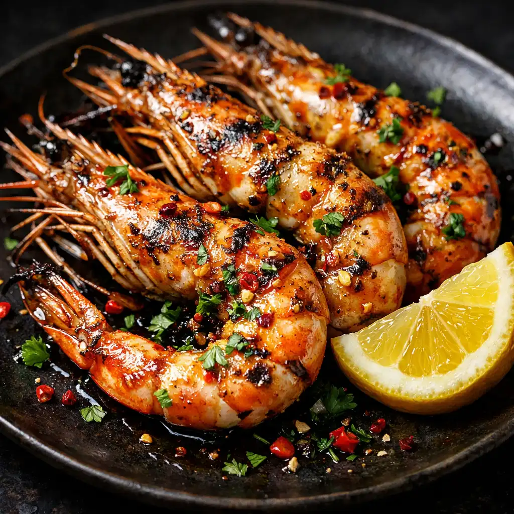 Jumbo grilled prawns with chili, garlic butter, and a lemon wedge