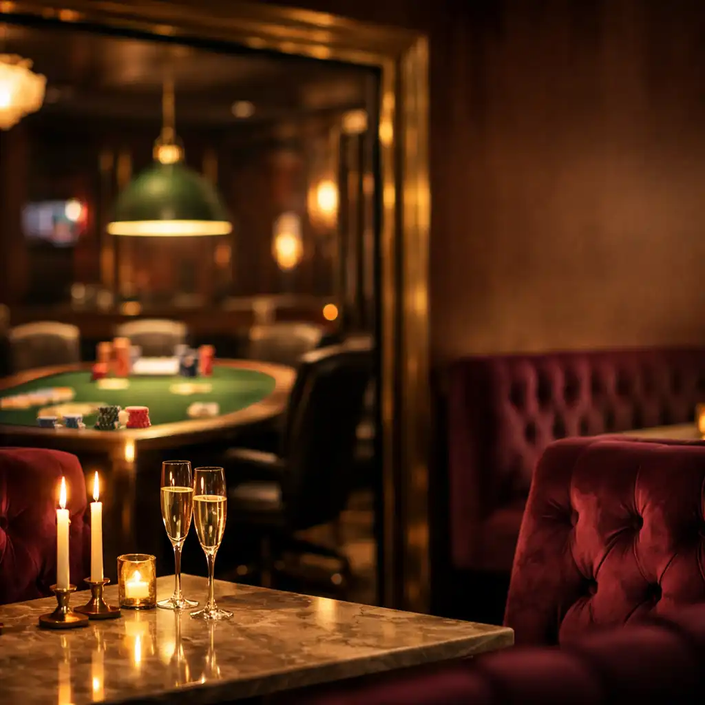 Velvet Card Lounge private card room with plush velvet booths and tournament poker tables