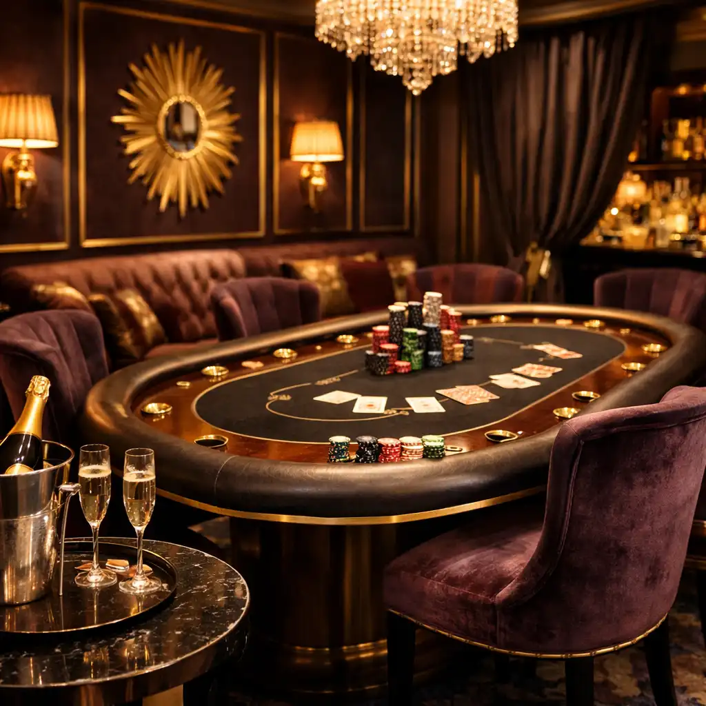 Private high roller card room with velvet chairs and champagne glasses beside a poker table
