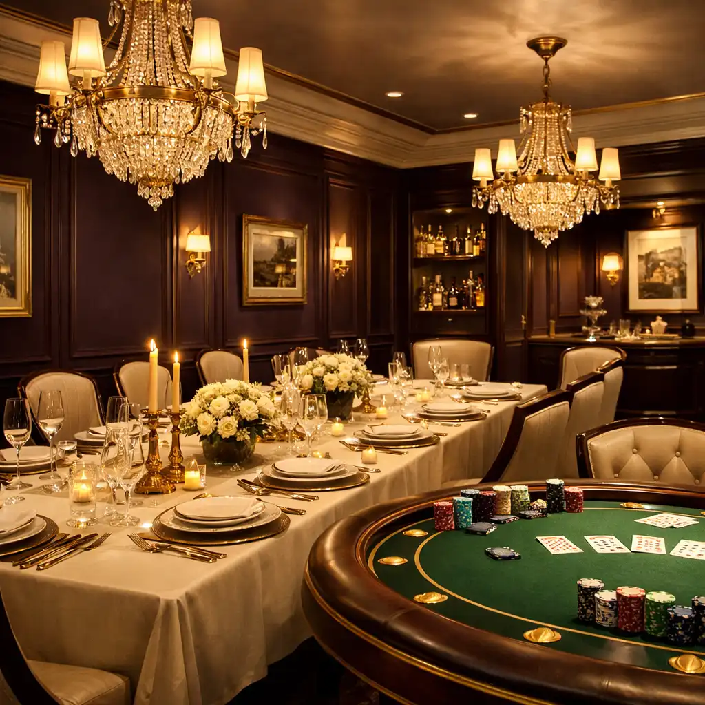 Elegant private dining room with a long table set with fine china and crystal, adjacent to a poker table with green felt and gold accents