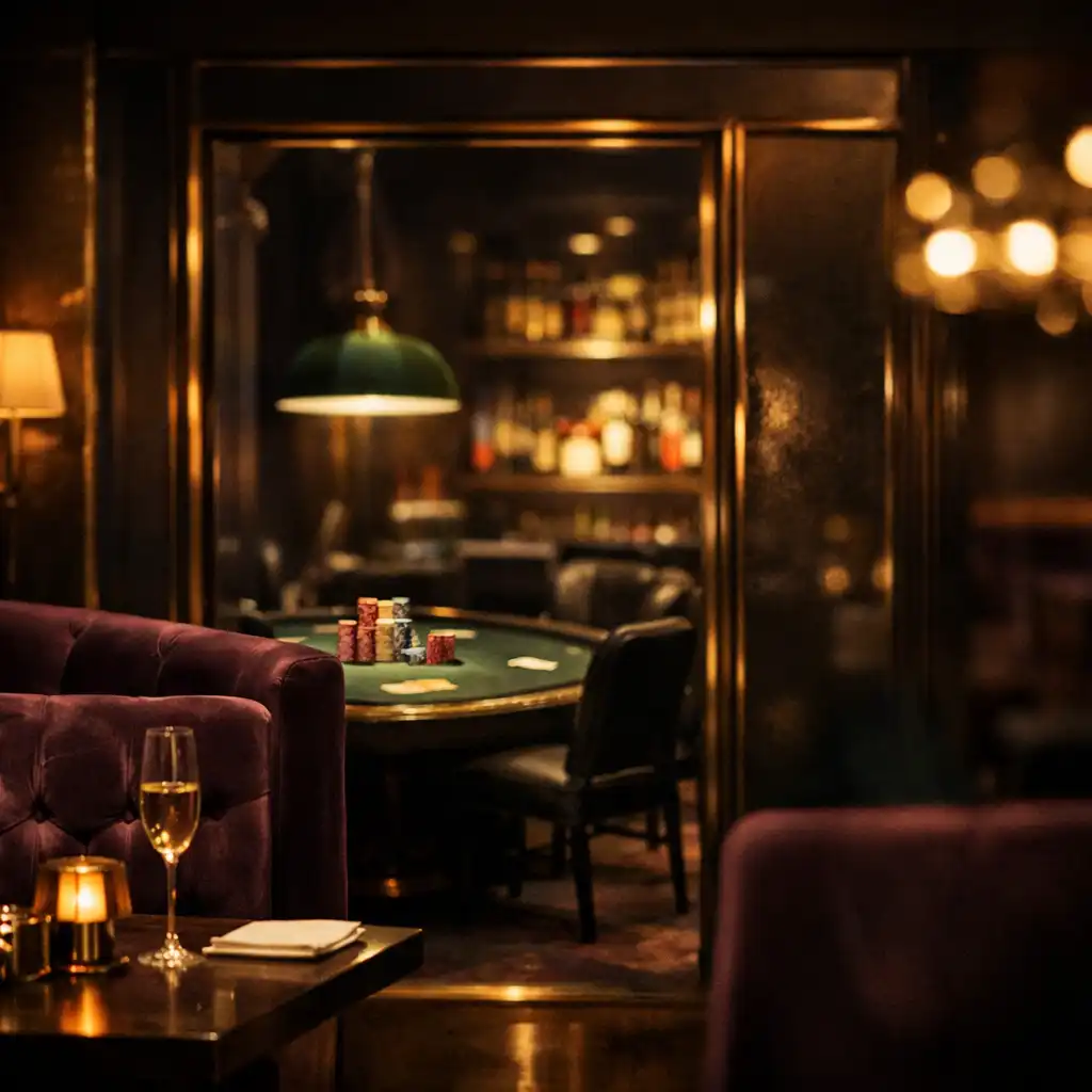 Upscale Melbourne dining venue with plush velvet booths and a view into a private card room
