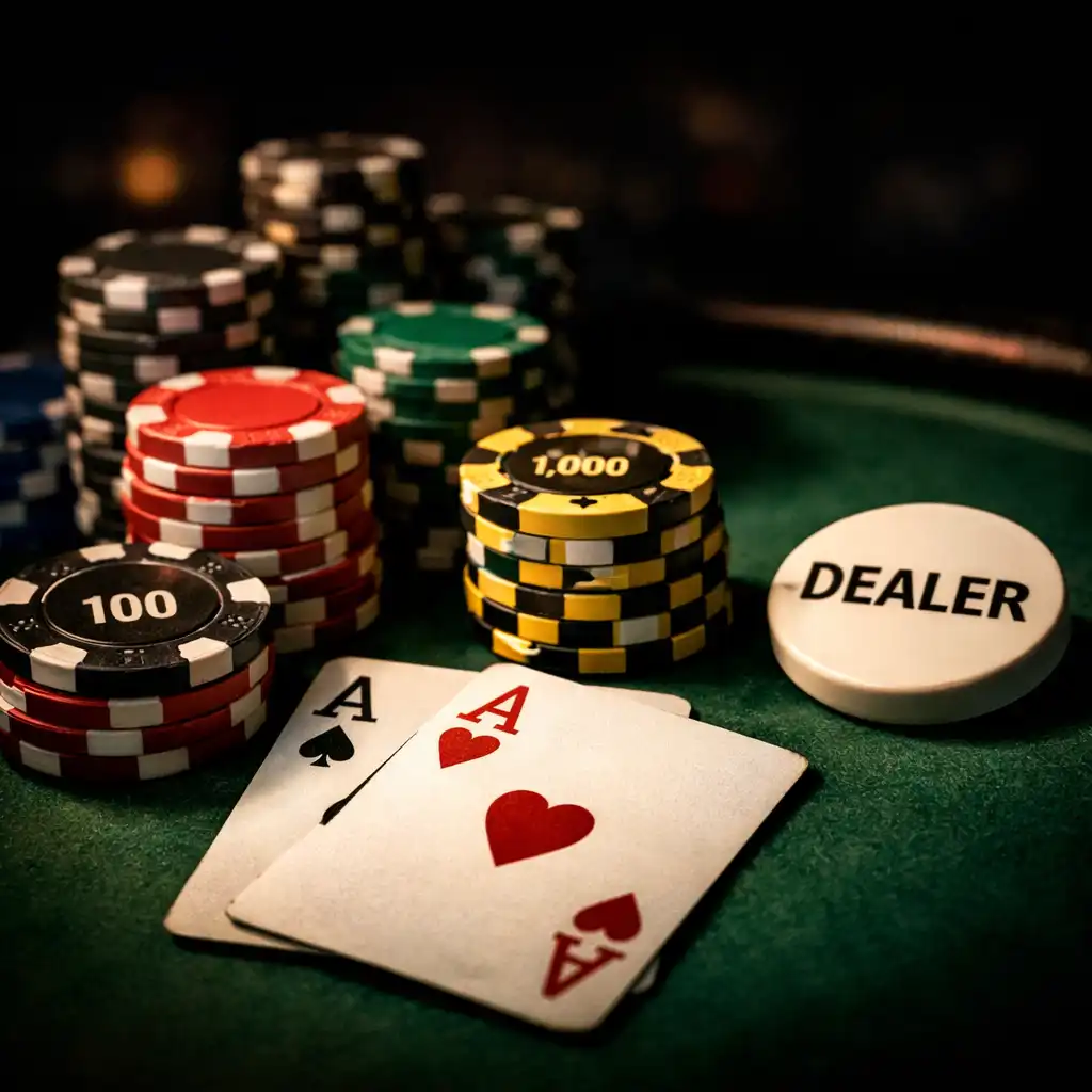 Poker table with tournament chips and cards