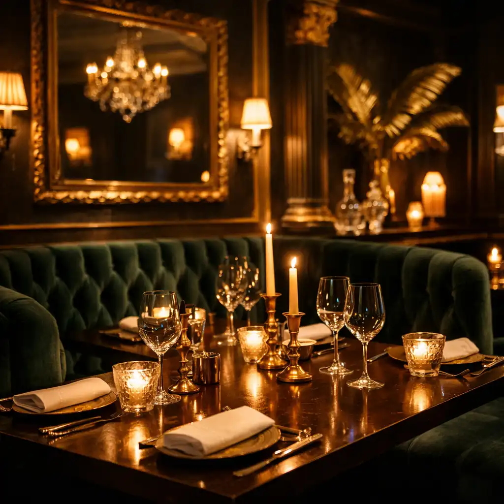 Luxurious dining room with velvet booths, dark wood tables, and soft candlelight
