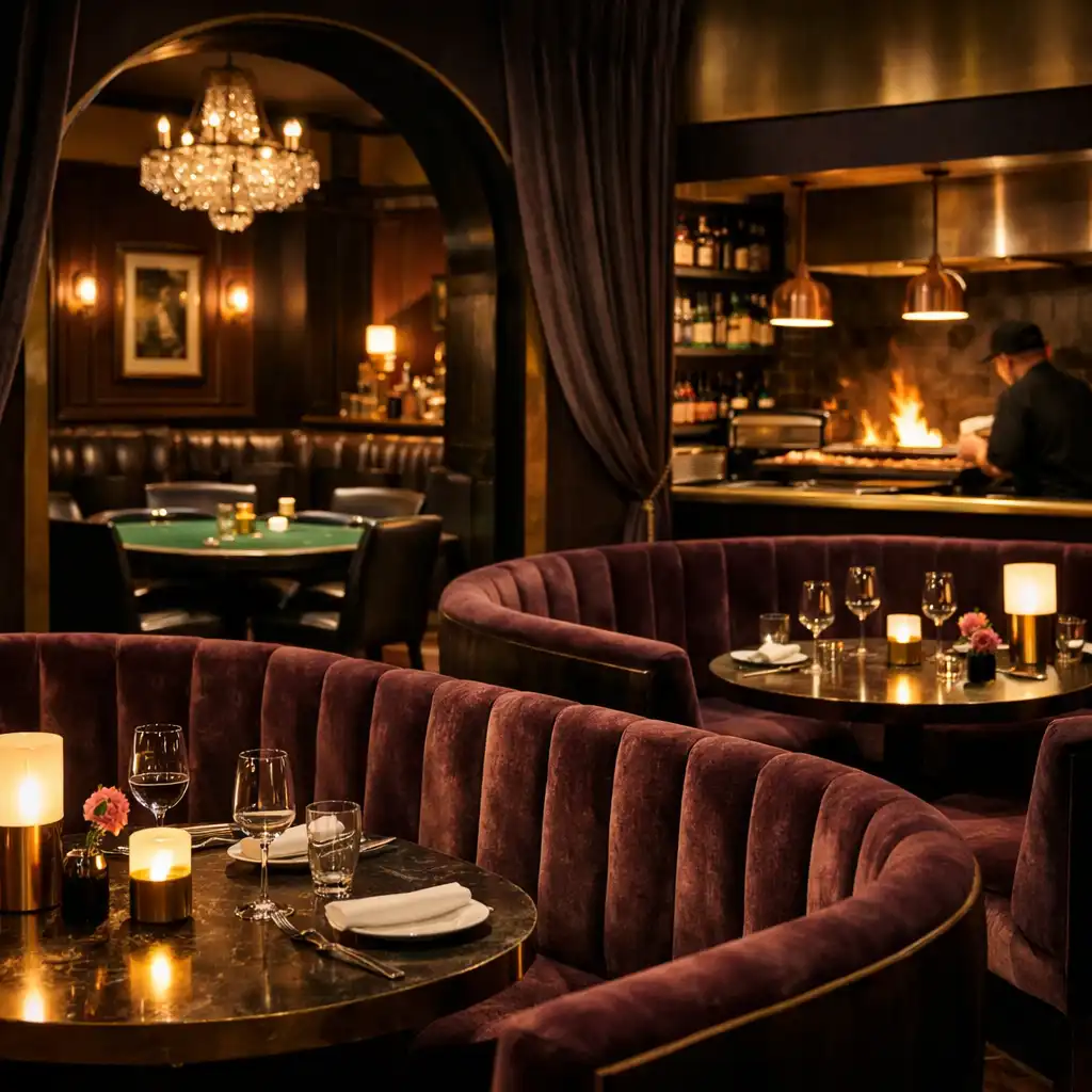 Interior of Velvet Card Lounge with plush velvet booths and a view into the private card room