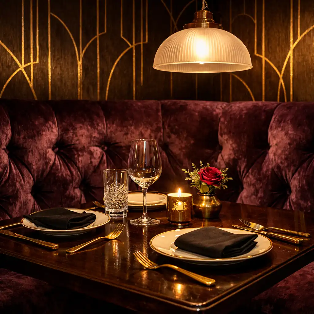 Plush velvet booth and elegantly set table in the Velvet Card Lounge dining area